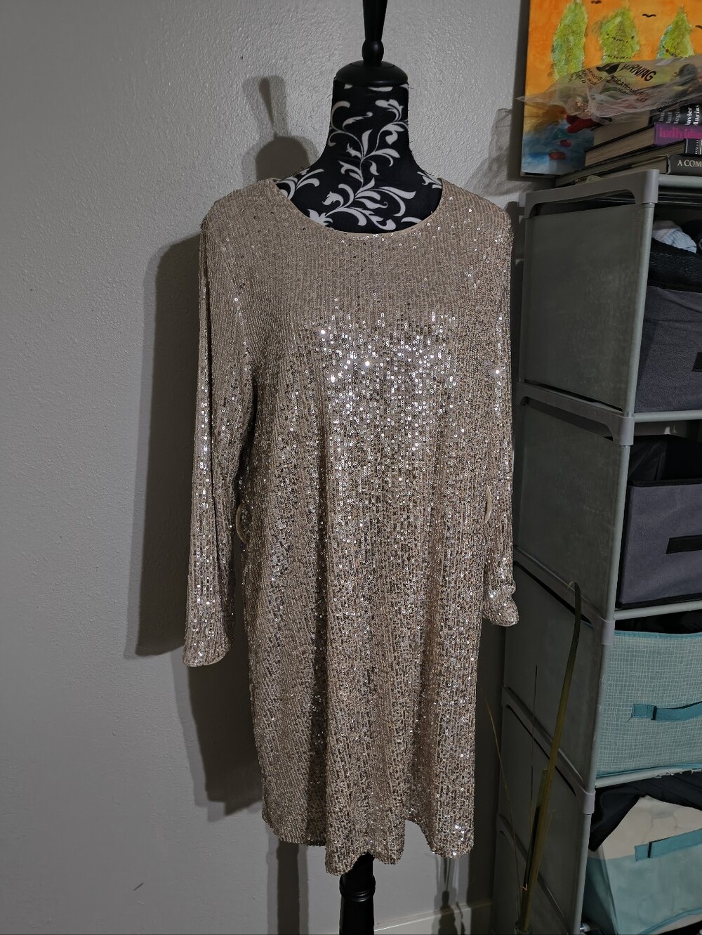 Bohme Sequin Long-Sleeve Shift Dress - Neutral Champagne